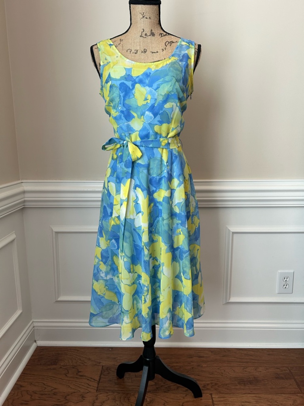 Sleeveless Blue & Yellow Floral A-Line Dress